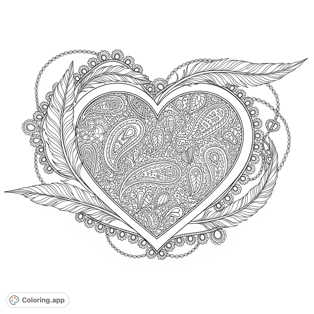 An abstract heart design filled with intricate paisley patterns, adorned with delicate feathers and lace details, perfect for mindful coloring and creative expression.
