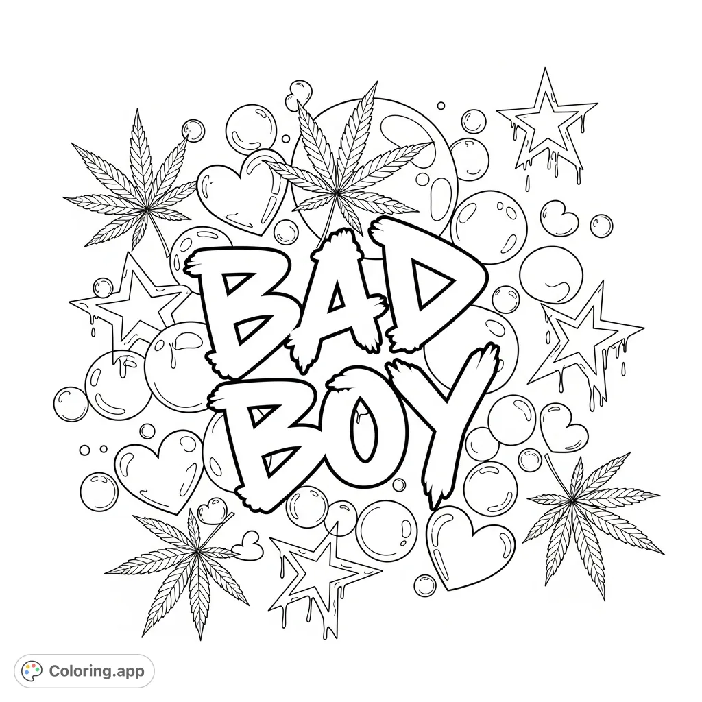 Unleash your creativity with this edgy graffiti art coloring page featuring "Bad Boy" text, bubbles, drippy stars, and distinctive leaves. A challenging design!