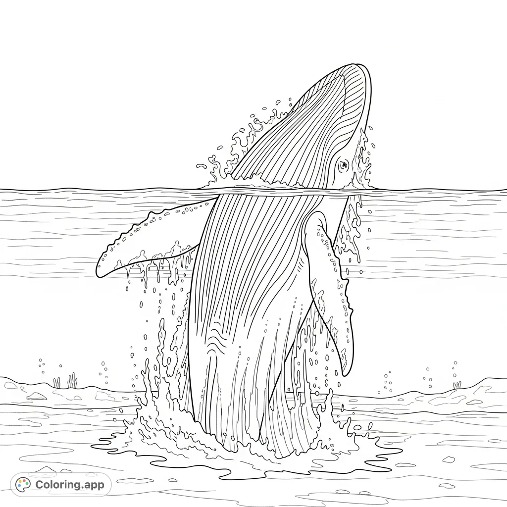 Witness the power of nature with this deep sea whale breaching coloring page. A majestic whale leaps from the ocean, surrounded by dynamic water spray, perfect for a relaxing coloring experience.