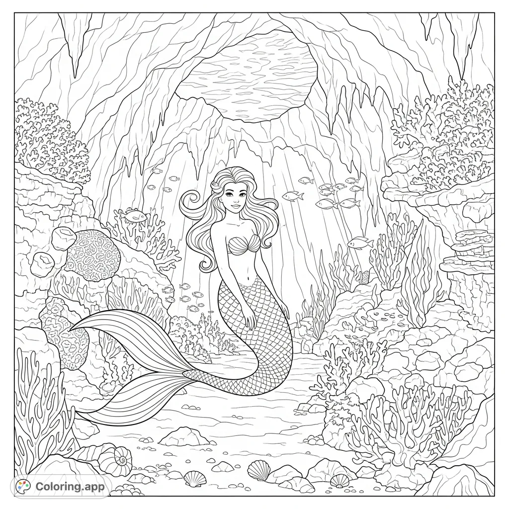 Dive into a magical underwater cave with a graceful mermaid surrounded by intricate coral reefs. A captivating scene for endless creative coloring.