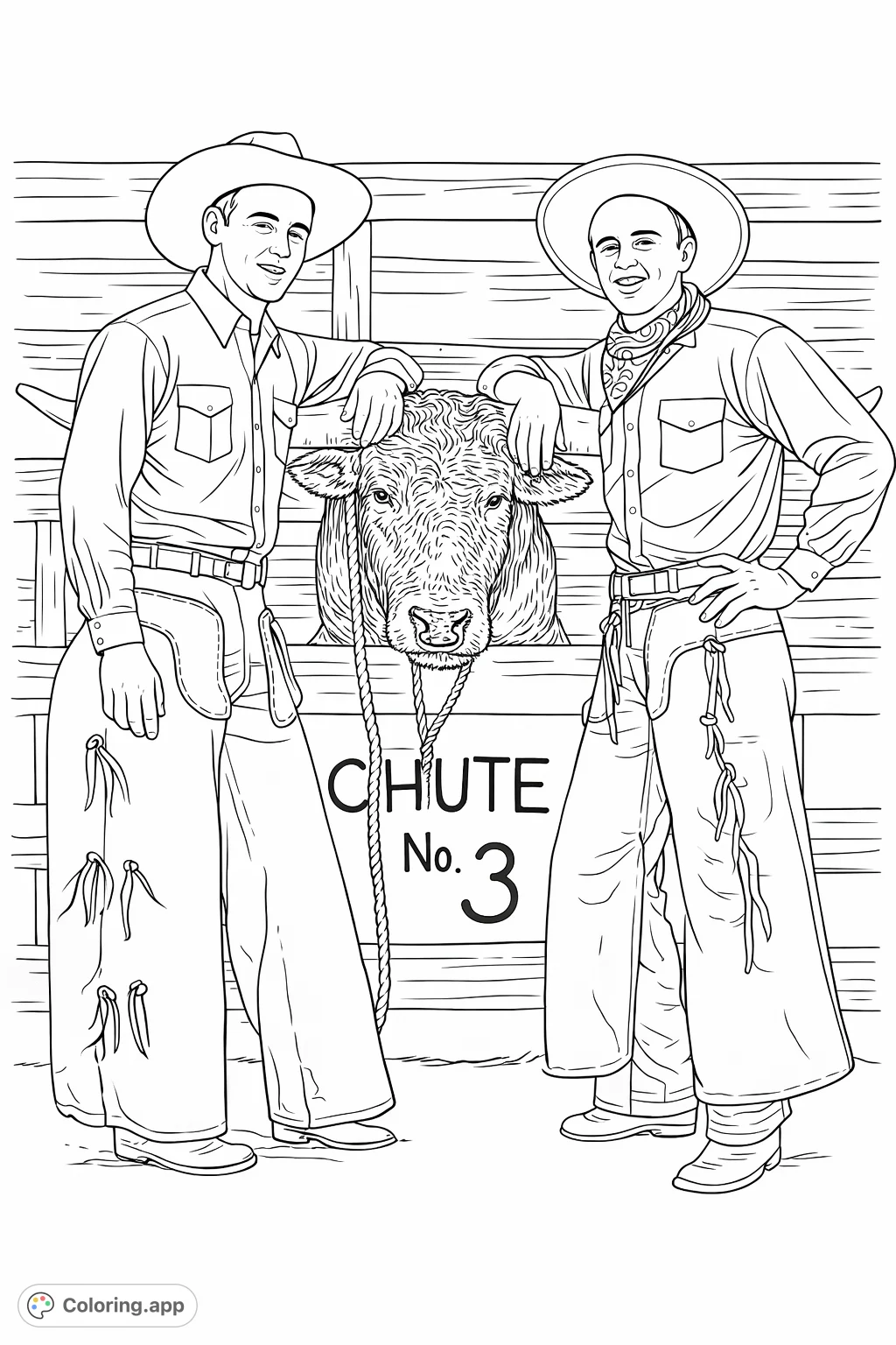 A vintage rodeo scene featuring two smiling cowboys in classic Western wear, posing with a bull's head in front of 'CHUTE No. 3' for a fun coloring page.