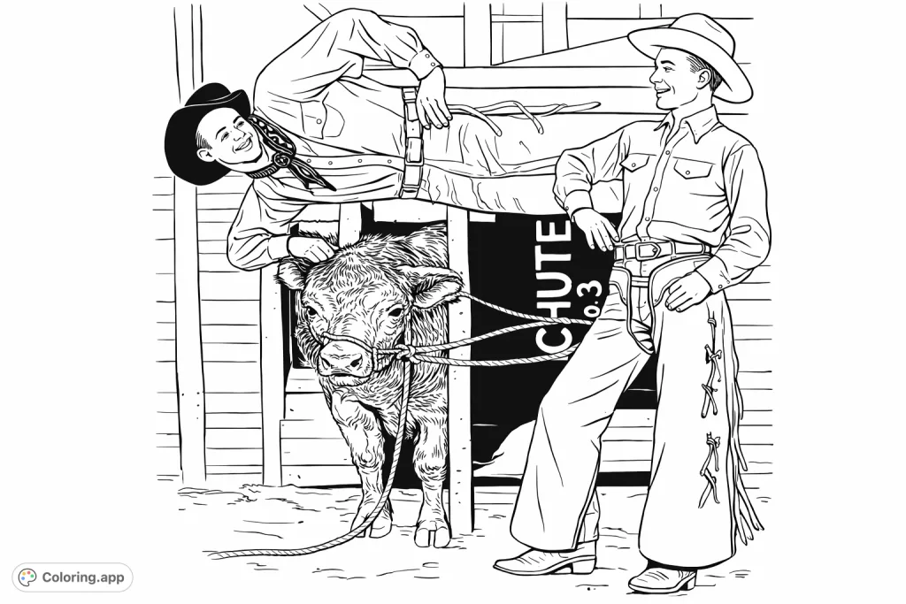 Capture the thrill of the rodeo with two smiling cowboys and a powerful bull ready for action at Chute No. 3. Perfect for western adventure enthusiasts.