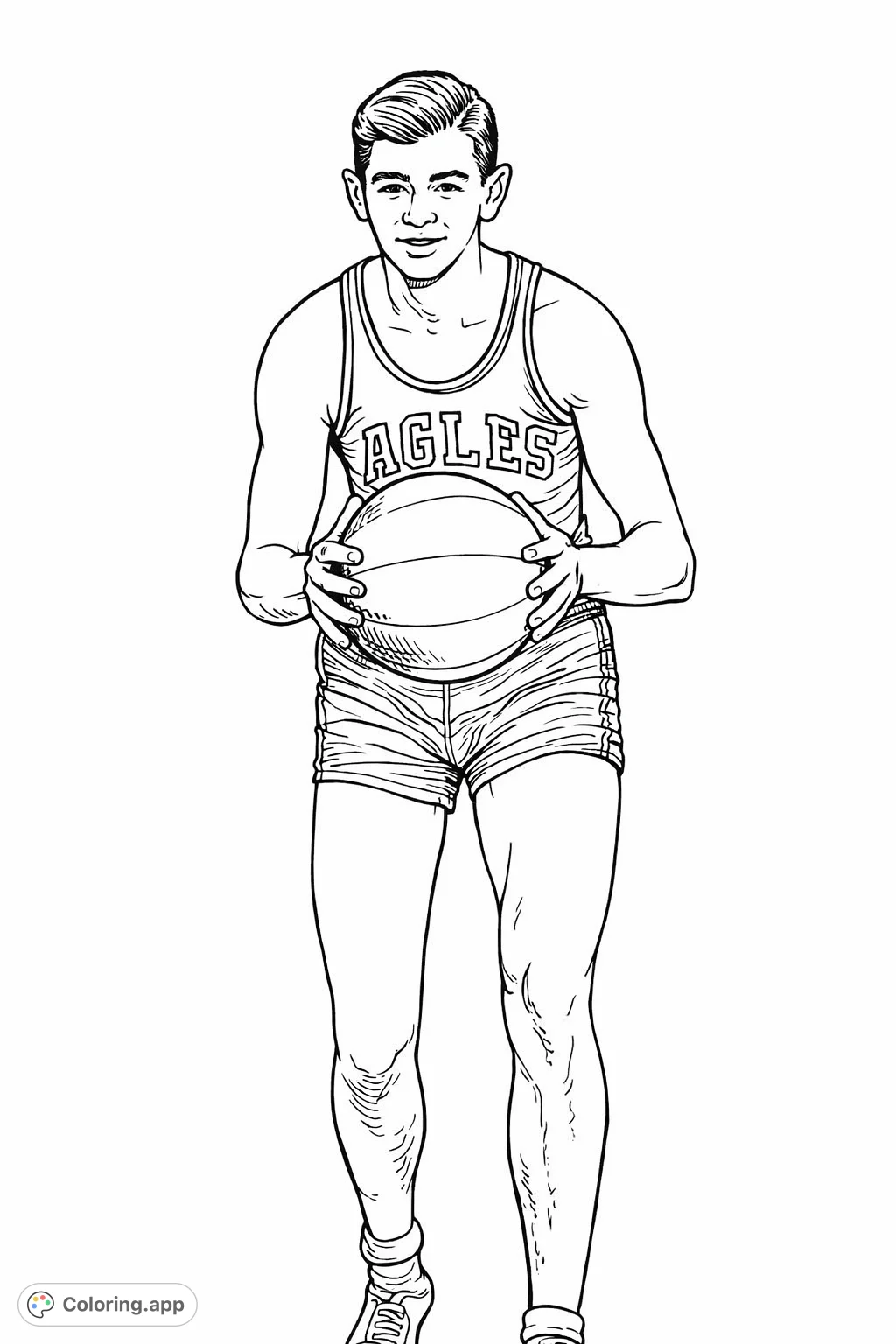 Capture the spirit of vintage basketball with this classic portrait. A young athlete holds his ball, ready for action. Perfect for sports fans!