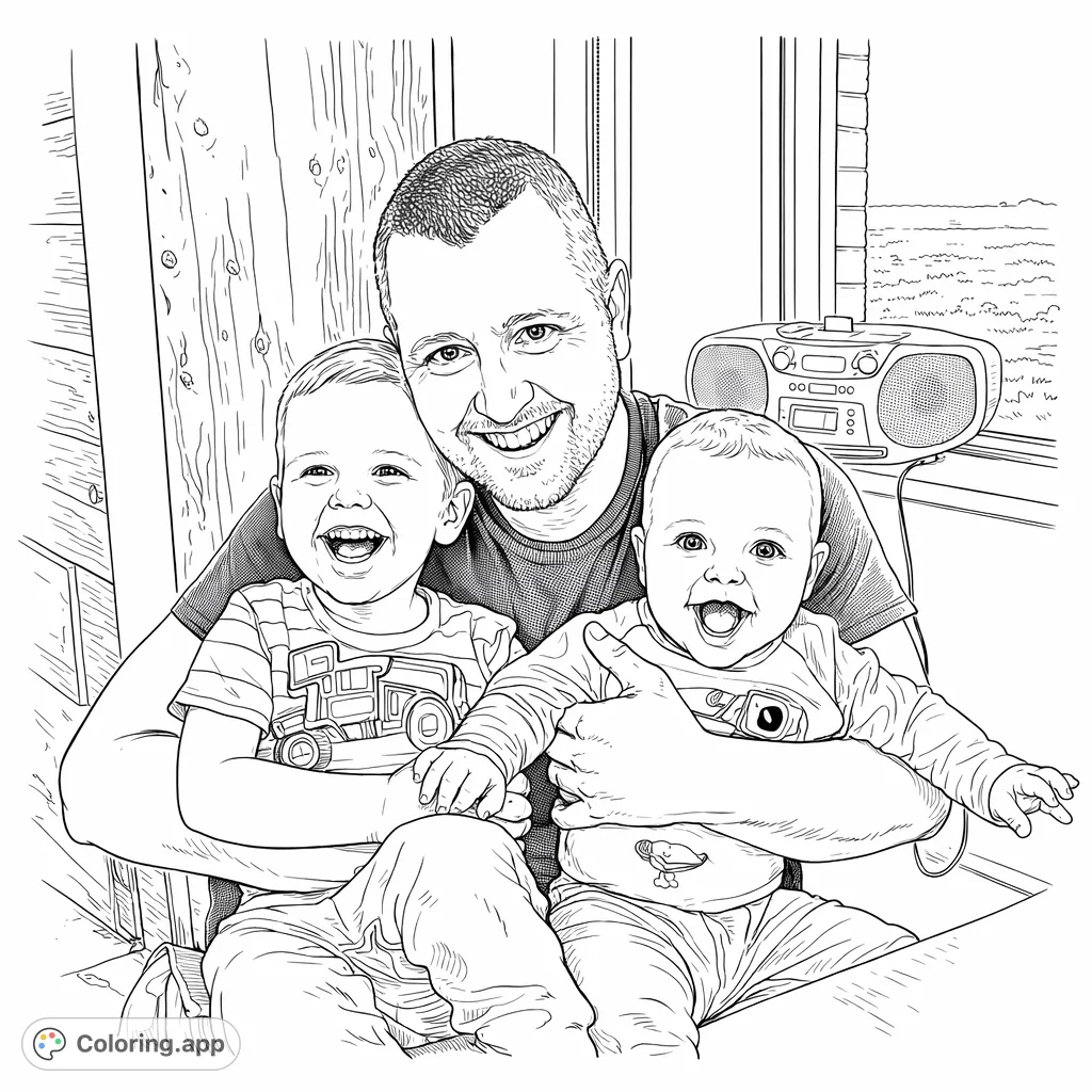 A heartwarming family coloring page featuring a smiling father holding his two laughing children. Capture their joy and the realistic details in this free printable.