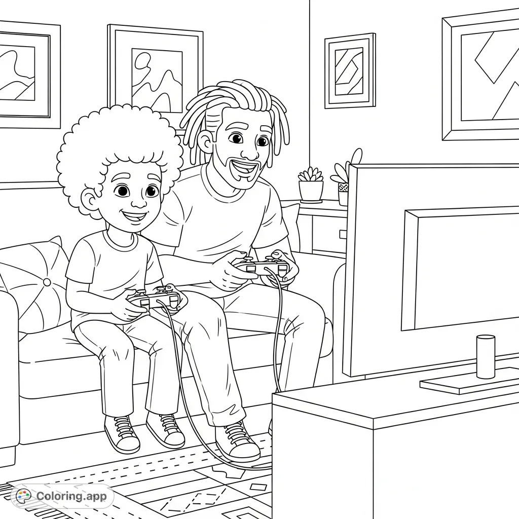 Capture a heartwarming scene of a mixed heritage boy with curly hair and his dad with dreadlocks, smiling and playing video games together on a cozy sofa.