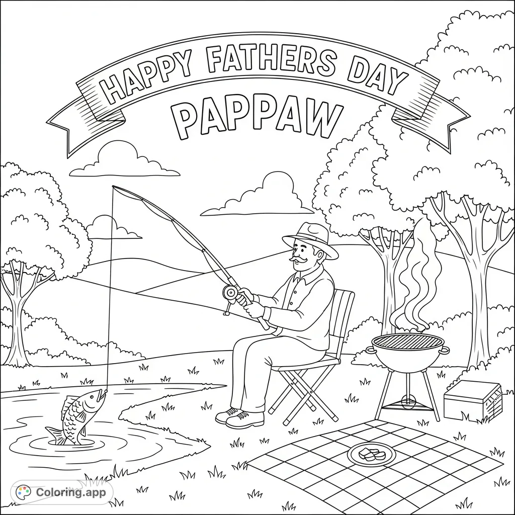 A charming Fathers Day coloring page depicting Pappaw fishing by a lake with a grill and picnic setup, featuring 'Happy Fathers Day Pappaw' text.