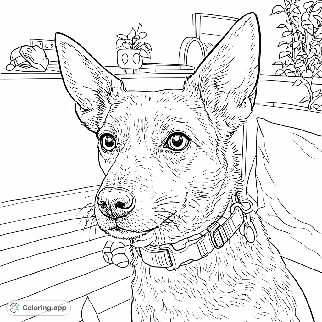 A charming dog portrait with large, expressive ears and a keen gaze, perfect for dog lovers to personalize and enjoy coloring.