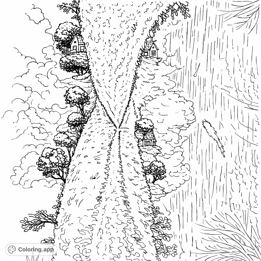 Explore a charming hillside village perched above dynamic waters under a dramatic, rain-streaked sky. An immersive landscape coloring page.