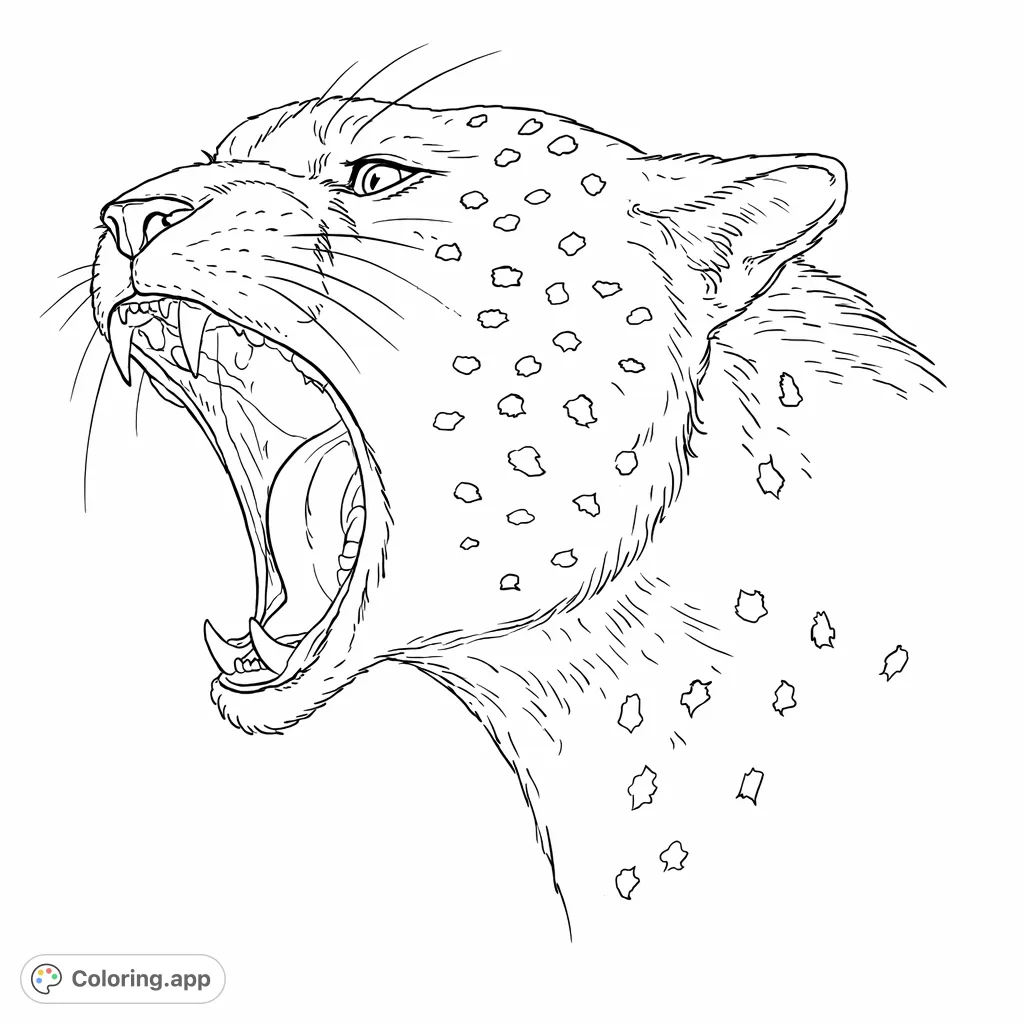 Capture the raw power of a majestic big cat with its mouth open in a fierce roar. Detailed spots and expressive features offer a thrilling coloring experience.