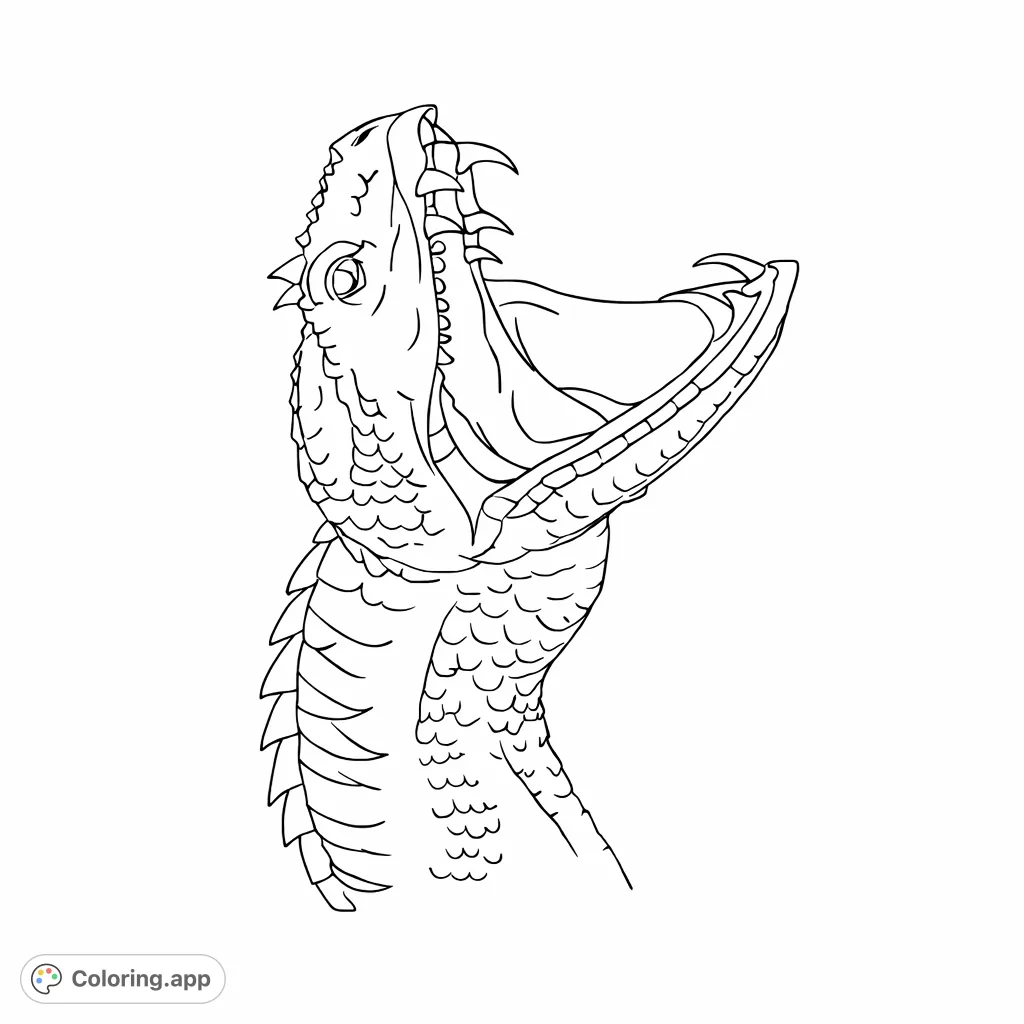 Unleash your creativity on this striking snake head coloring page, featuring intricate scales, menacing fangs, and a wide-open mouth.