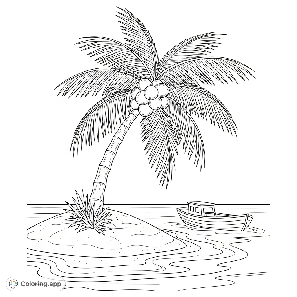 An serene island scene featuring a tall coconut tree, calm ocean waters, and a small boat, perfect for relaxing coloring. Enjoy this free printable!