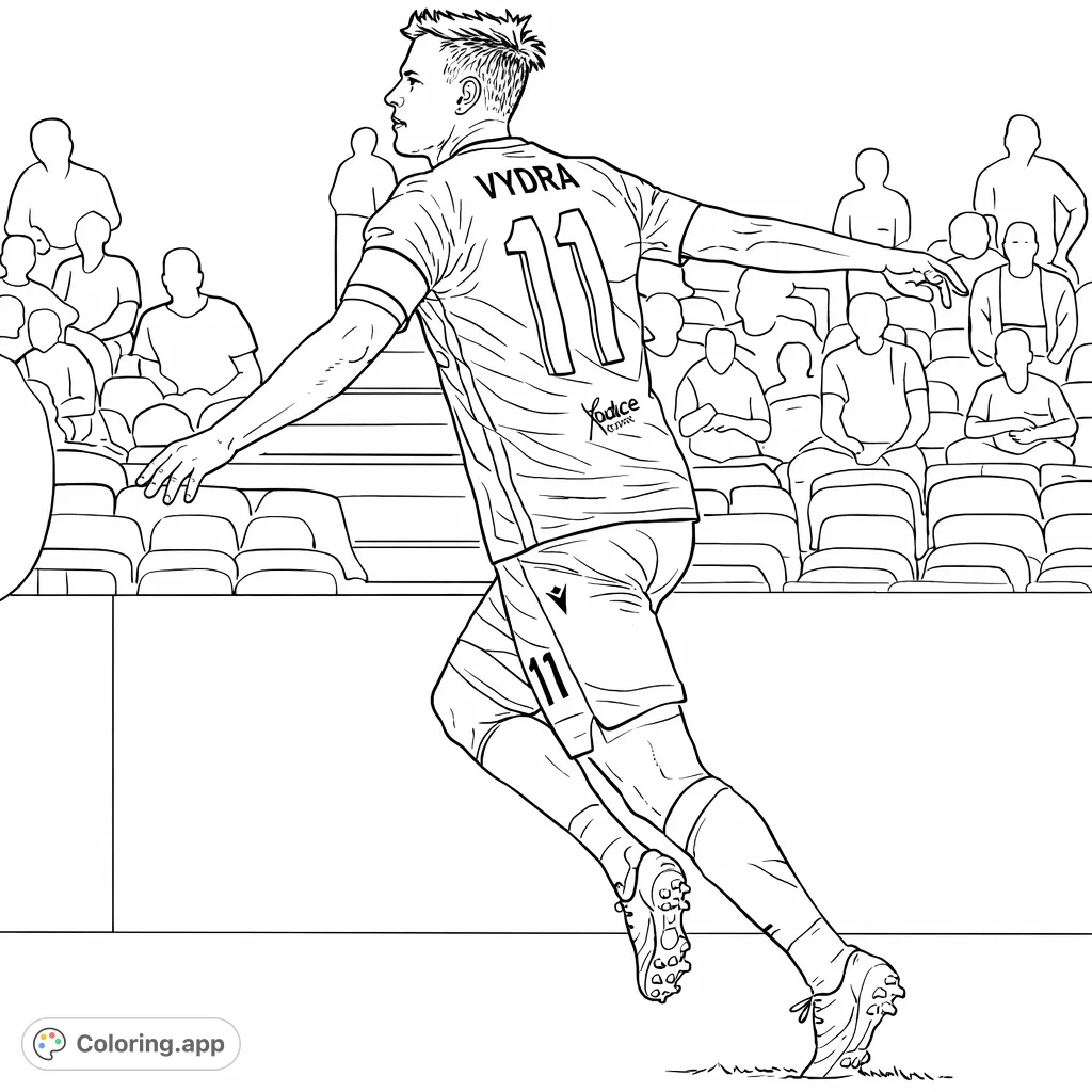 Capture the thrilling moment of a soccer player in action. Featuring detailed uniform elements, stadium seating, and a dynamic pose for sports enthusiasts.