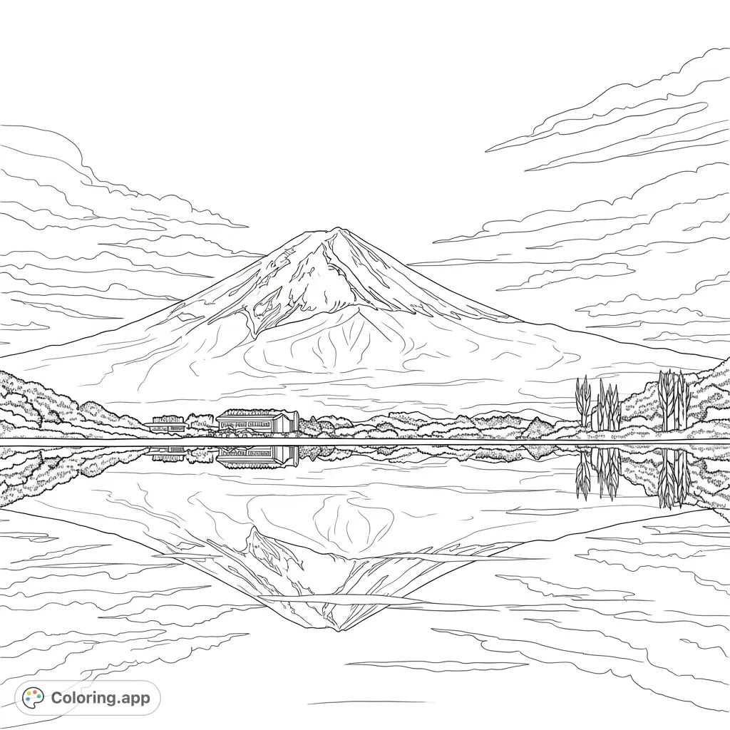 A majestic Mount Fuji, snow-capped and serene, reflects in tranquil lake waters under a vast, cloud-strewn sky with a low sun. A captivating Japan scene.