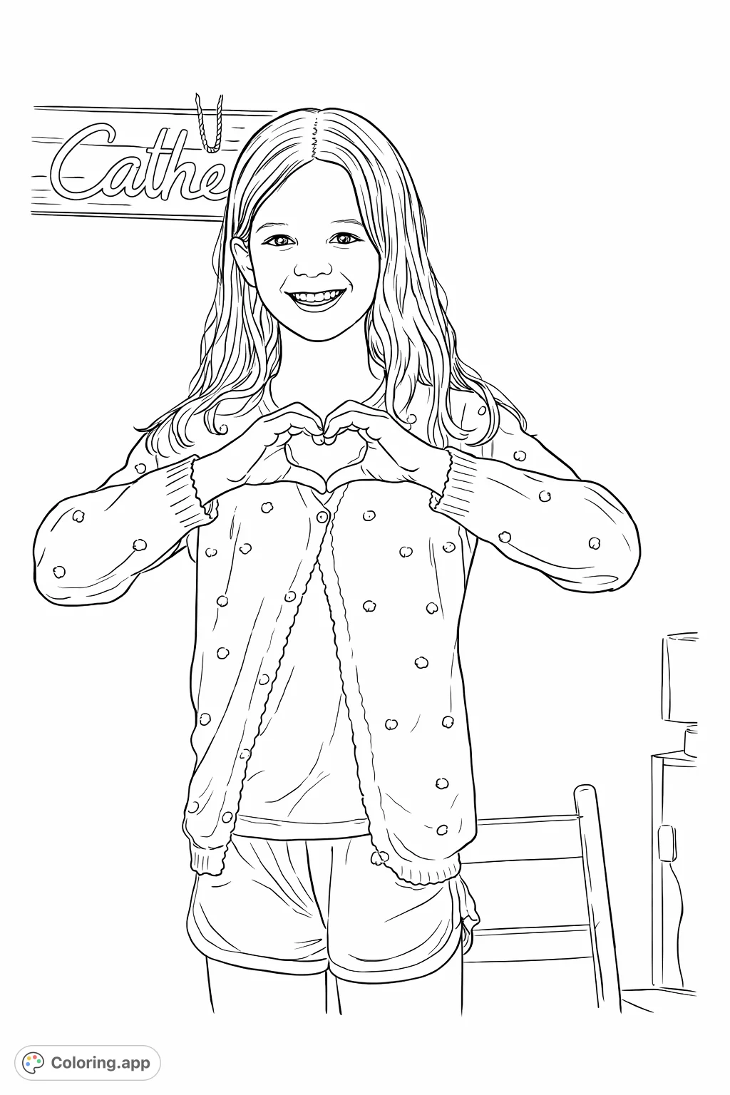 A joyful girl smiles, forming a heart with her hands. A sweet and expressive pose, perfect for personalizing with your favorite colors.