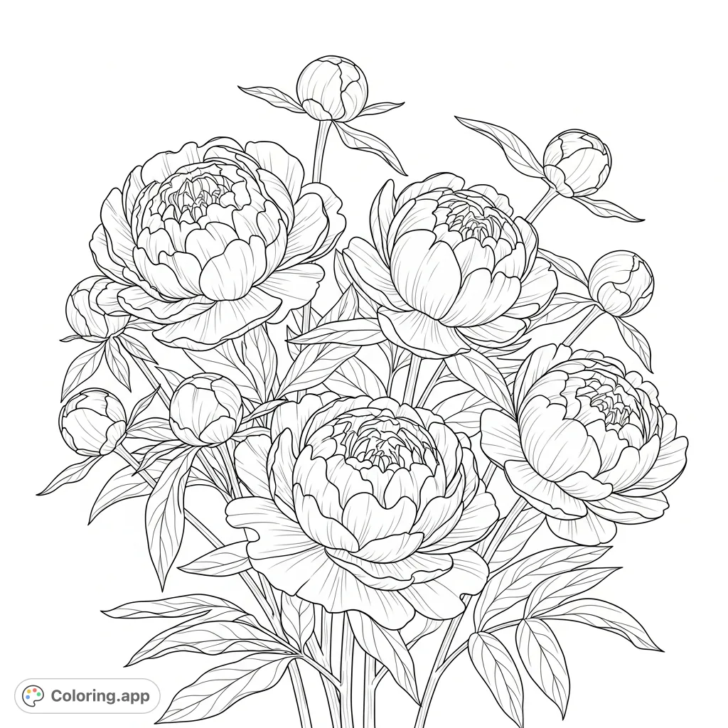 A detailed botanical illustration of realistic peonies with layered petals, unopened buds, and intricate leafy stems, offering an elegant floral coloring experience.