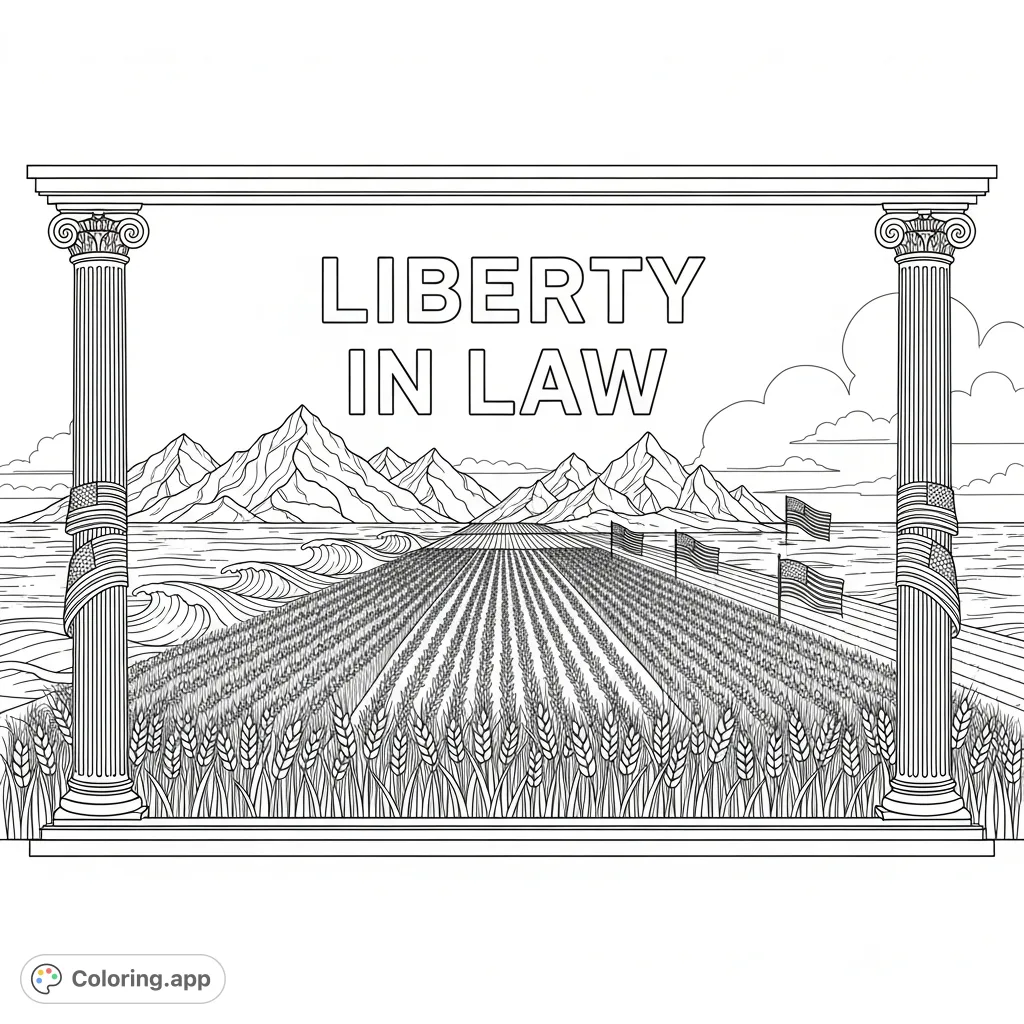 A powerful "Liberty in Law" text anchors a panoramic landscape featuring oceans, mountains, and wheat fields. A unique blend of civic ideals and natural beauty.