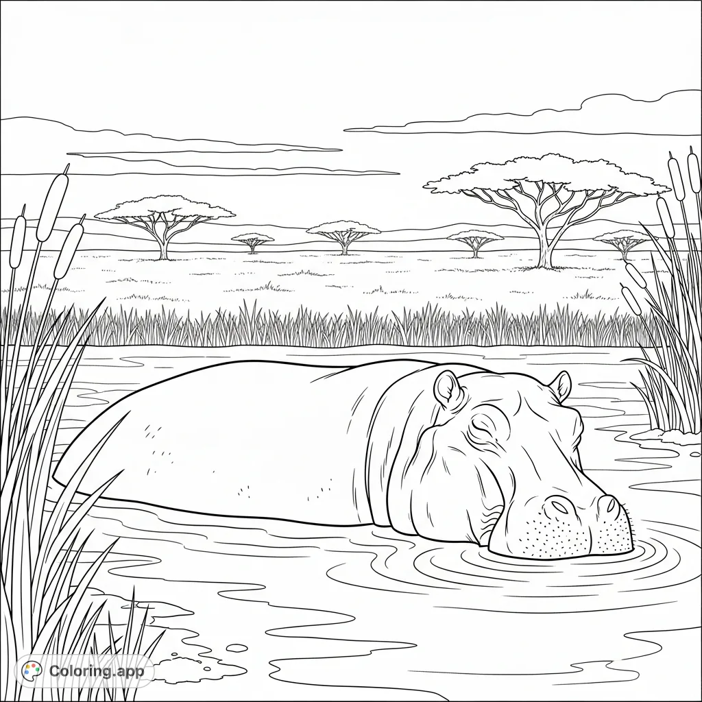 Discover a tranquil savanna scene featuring a sleeping hippo in a watering hole. A perfect free printable hippo coloring page for relaxation.