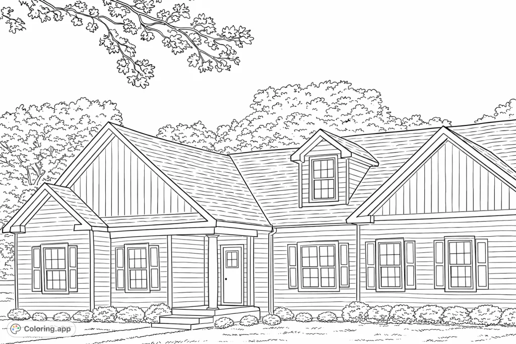 Color a charming gabled home featuring a welcoming porch, detailed windows with shutters, and lush landscaping, perfect for creative expression.