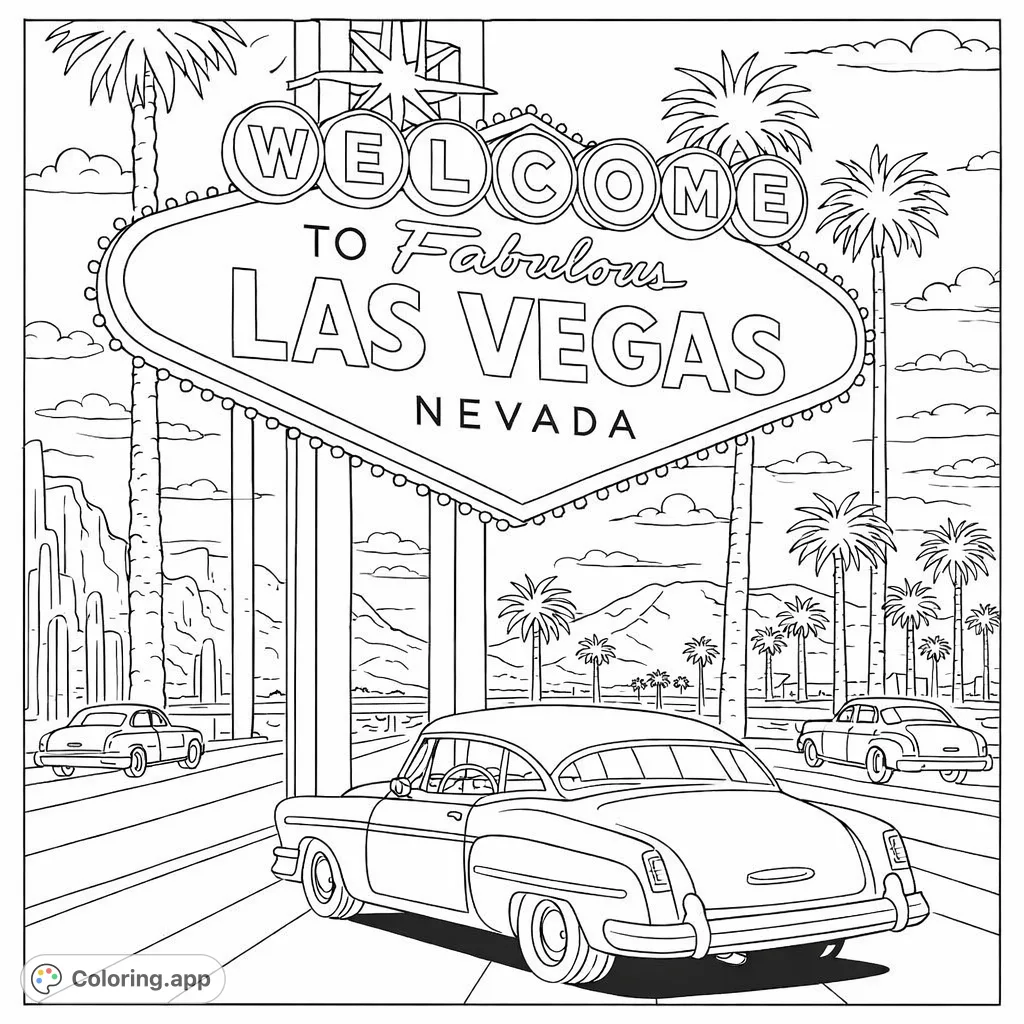 Color the iconic Welcome to Fabulous Las Vegas sign, surrounded by classic cars, towering palm trees, and a desert landscape. Perfect for travel enthusiasts!