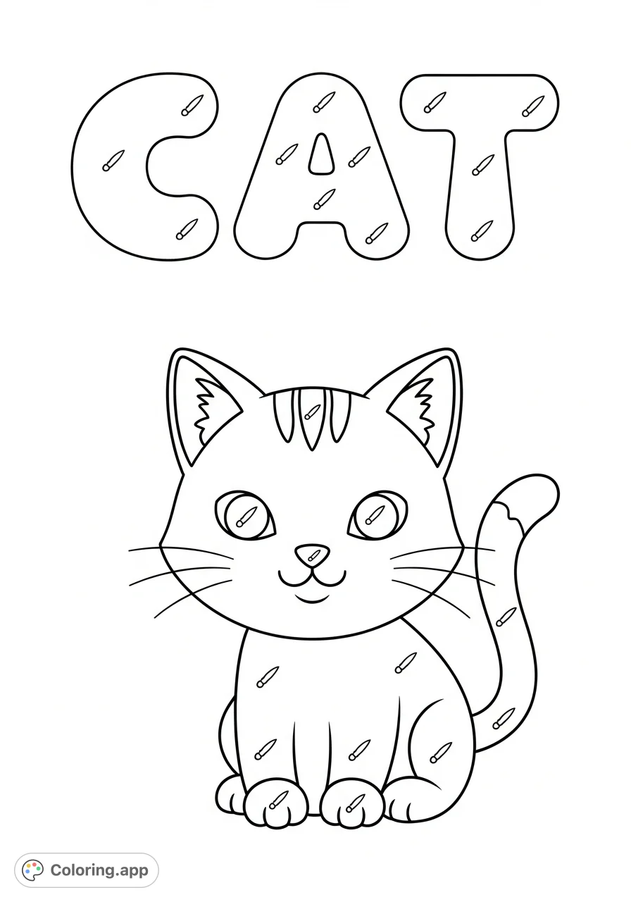 A charming cartoon cat with 'CAT' in bubble letters, featuring color-by-example marks for a delightful and easy coloring experience. Perfect for kids!