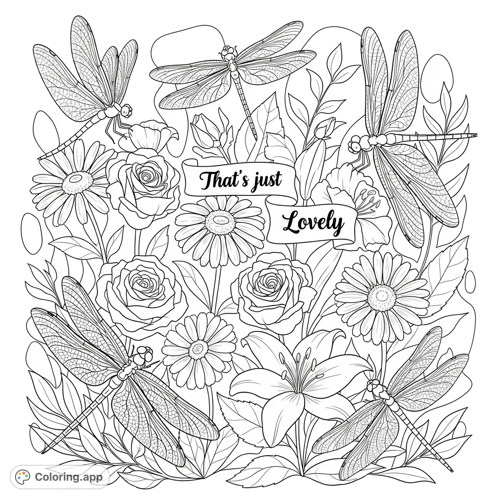 Discover a beautiful dragonfly and flowers coloring page featuring elegant dragonflies, blooming florals, and the inspiring quote "That's just Lovely".