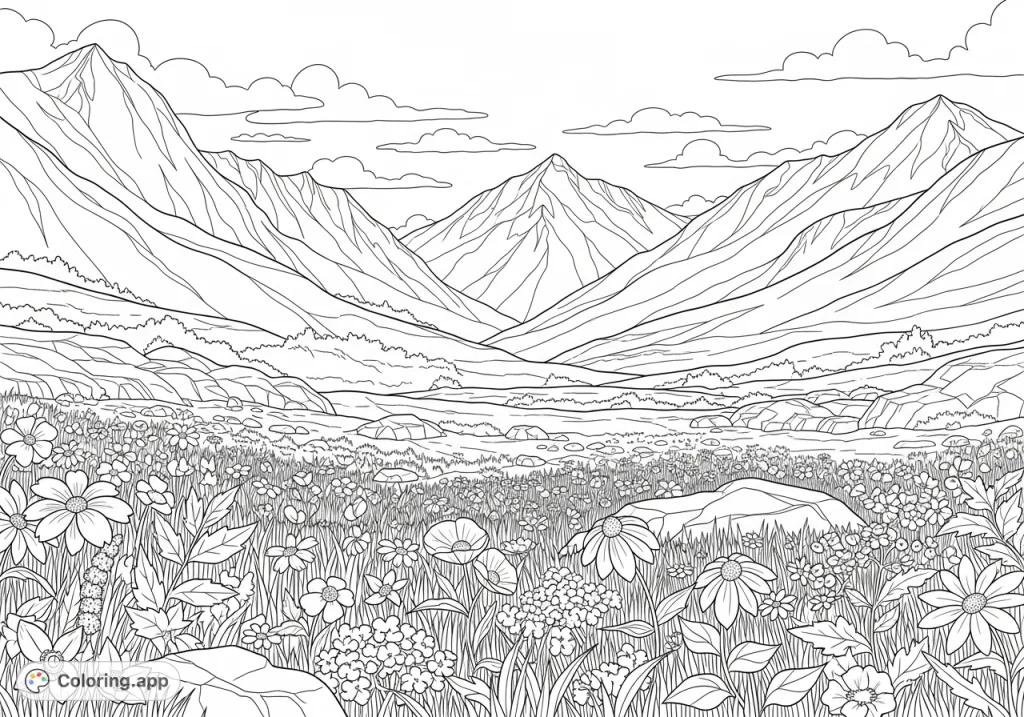 A serene mountain landscape featuring a vibrant meadow filled with various wildflowers and majestic peaks under a vast sky, perfect for nature enthusiasts.