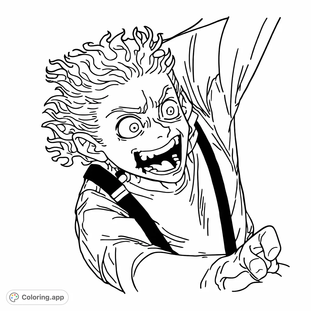 Capture an intense moment with this anime character coloring page, featuring wild hair, wide eyes, and an expressive, open mouth. Perfect for fans of dynamic character art.