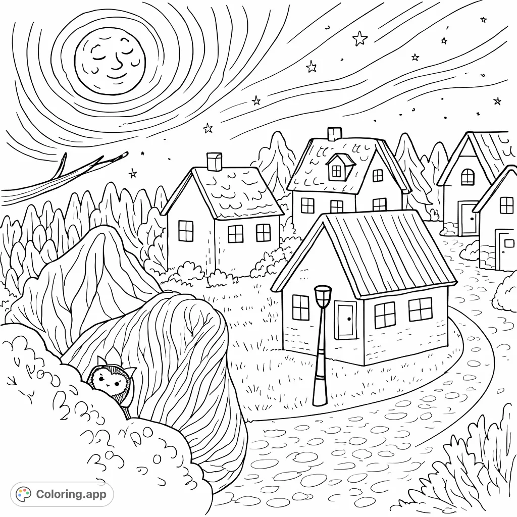 A charming night village scene with smiling moon, twinkling stars, cozy houses, and a hidden owl, perfect for a whimsical coloring adventure.