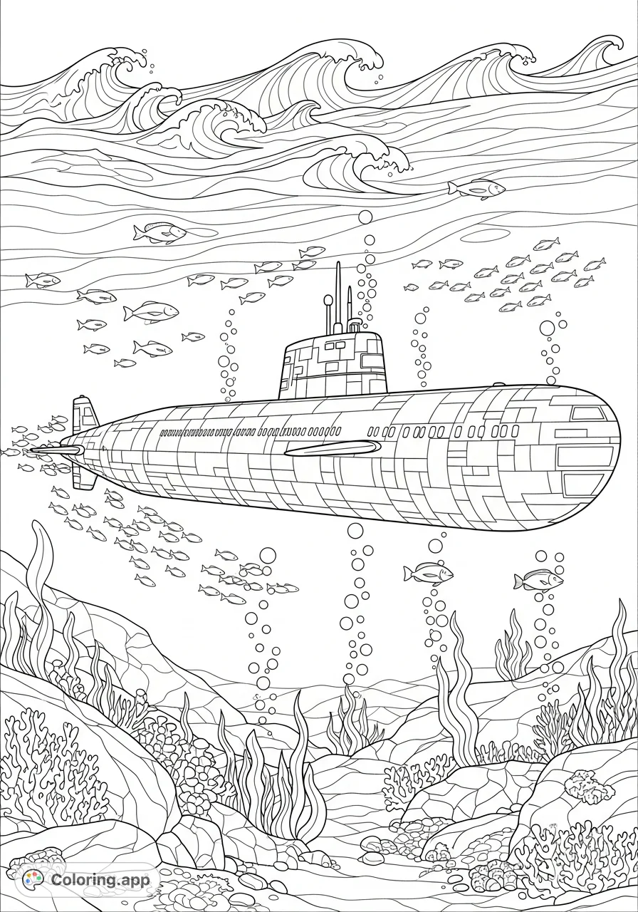 Explore a detailed navy submarine on patrol, surrounded by swimming fish, rising bubbles, and intricate underwater rocks and sea plants. A captivating ocean scene.