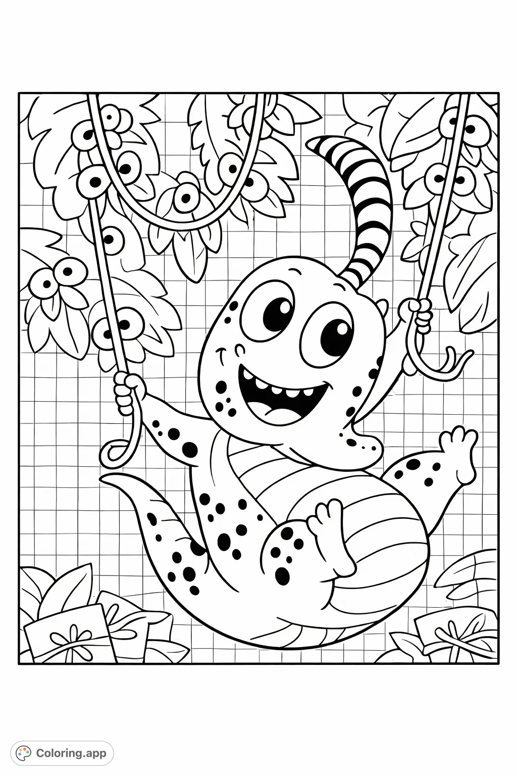 Embark on a prehistoric adventure with this playful dinosaur swinging through the jungle. A delightful dinosaur coloring page for kids of all ages.