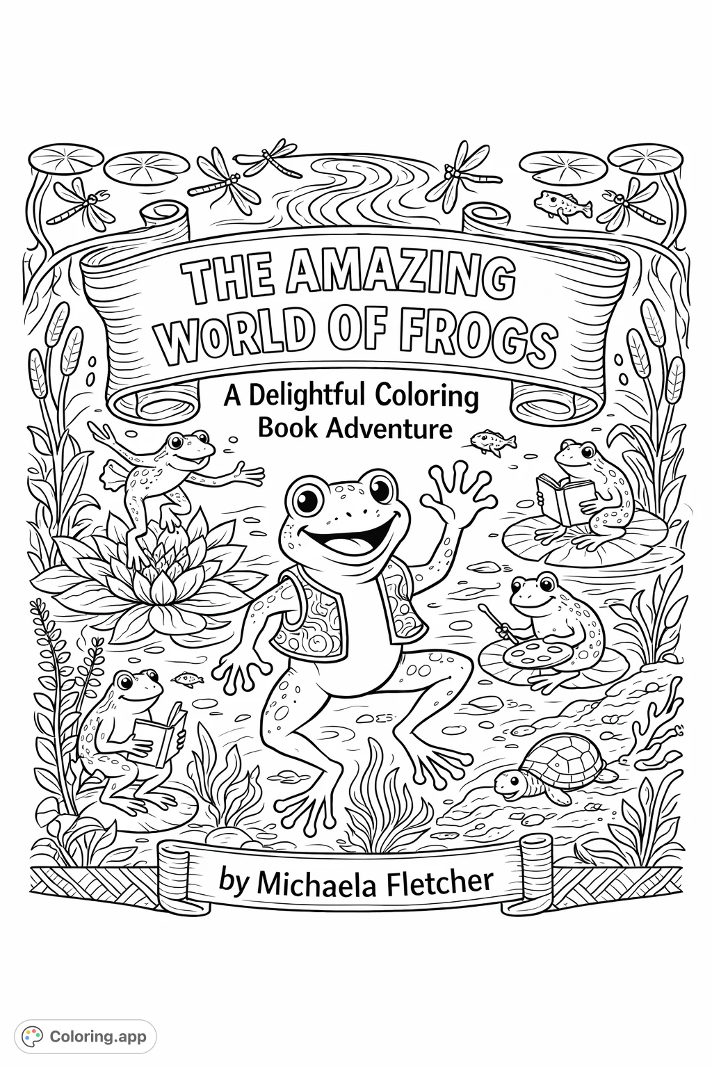 Dive into a whimsical pond adventure! This cheerful frog scene features playful amphibians reading, painting, and leaping amidst lily pads and aquatic life.