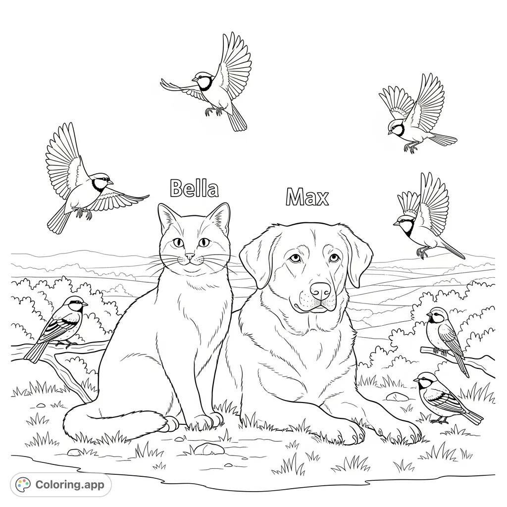 A heartwarming scene featuring Bella the cat, Max the dog, and a flock of birds expressing their gratitude, perfect for a peaceful coloring session.