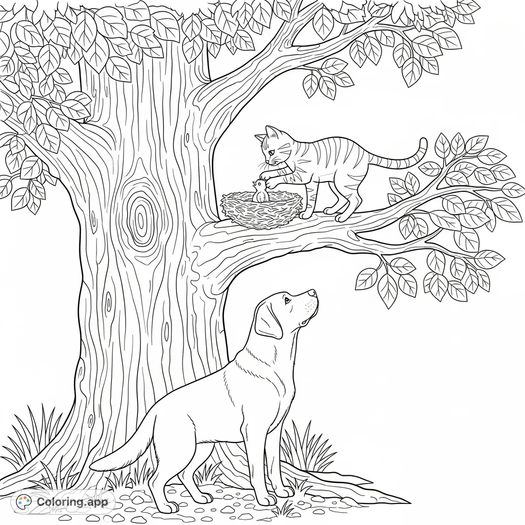 A heartwarming free printable coloring page featuring Max the dog watching Bella the cat gently return a baby bird to its nest in a lush tree. Perfect for animal lovers!