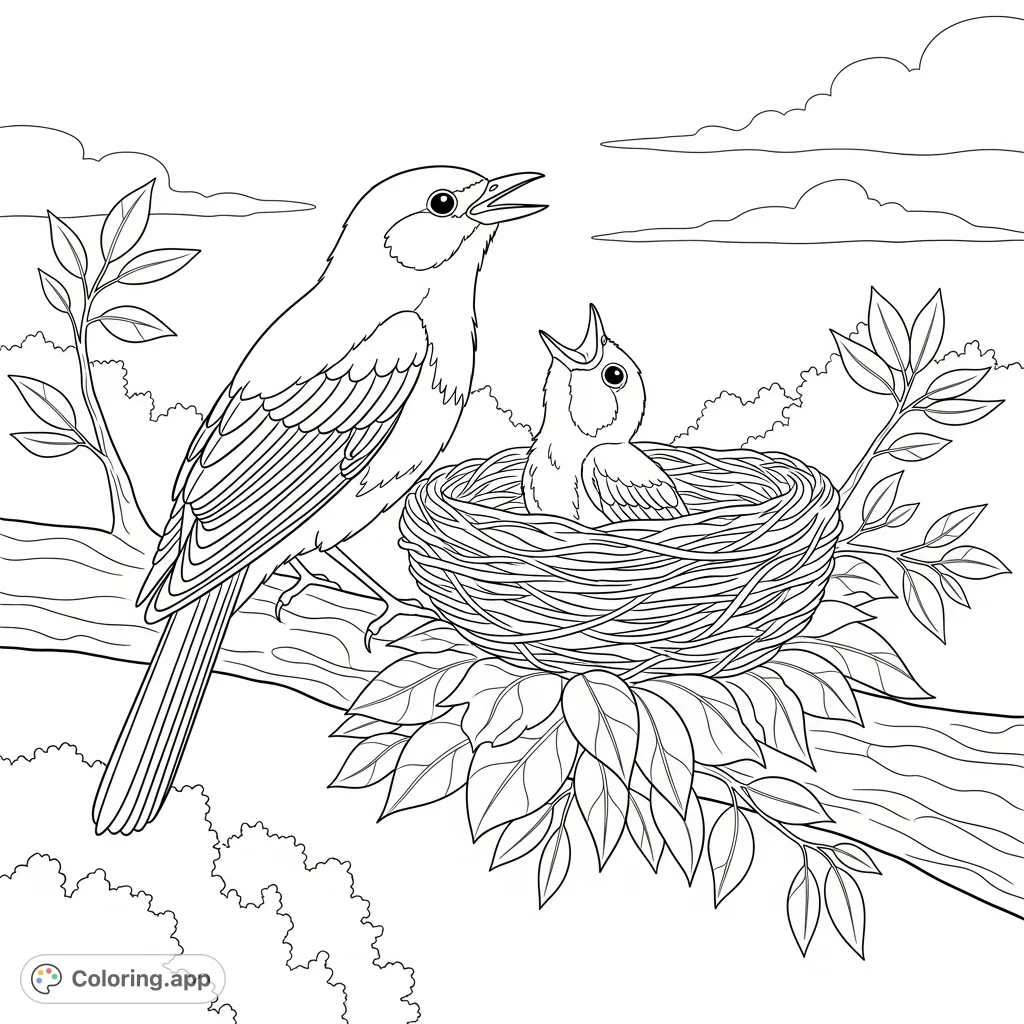 A charming bird family coloring page featuring a mother bird singing to her chirping baby in a nest, surrounded by lush foliage.