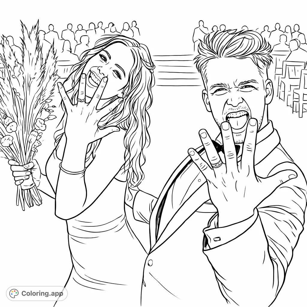 Celebrate love with this fun wedding coloring page featuring a jubilant couple proudly displaying their rings. A delightful scene for special occasions!