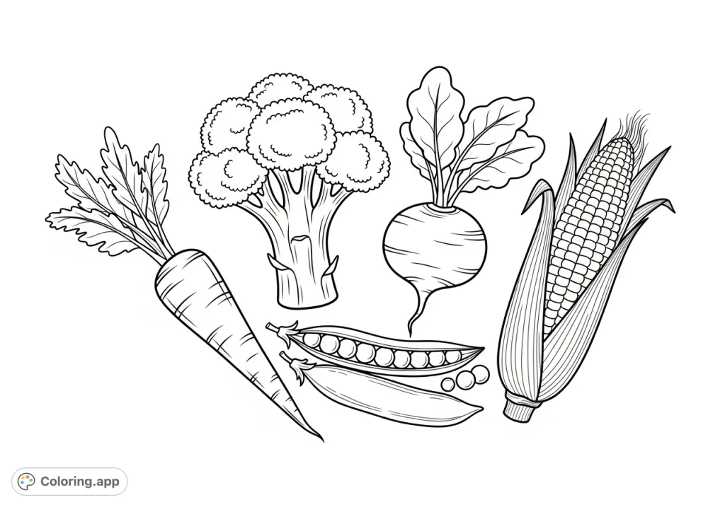 Explore a delightful collection of five garden vegetables: broccoli, radish, carrot, peas, and corn. A simple and engaging coloring page for young artists.