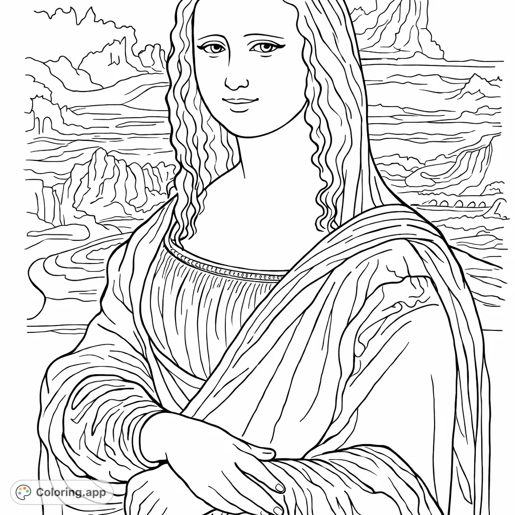 Color the legendary Mona Lisa, a timeless classic portrait featuring a serene woman with an enigmatic smile against a grand landscape.