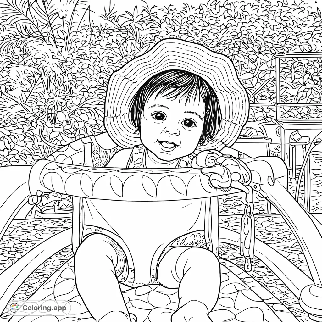 An adorable baby in a sun hat, smiling brightly from a patterned high chair amidst lush outdoor foliage. A delightful and intricate scene for coloring.