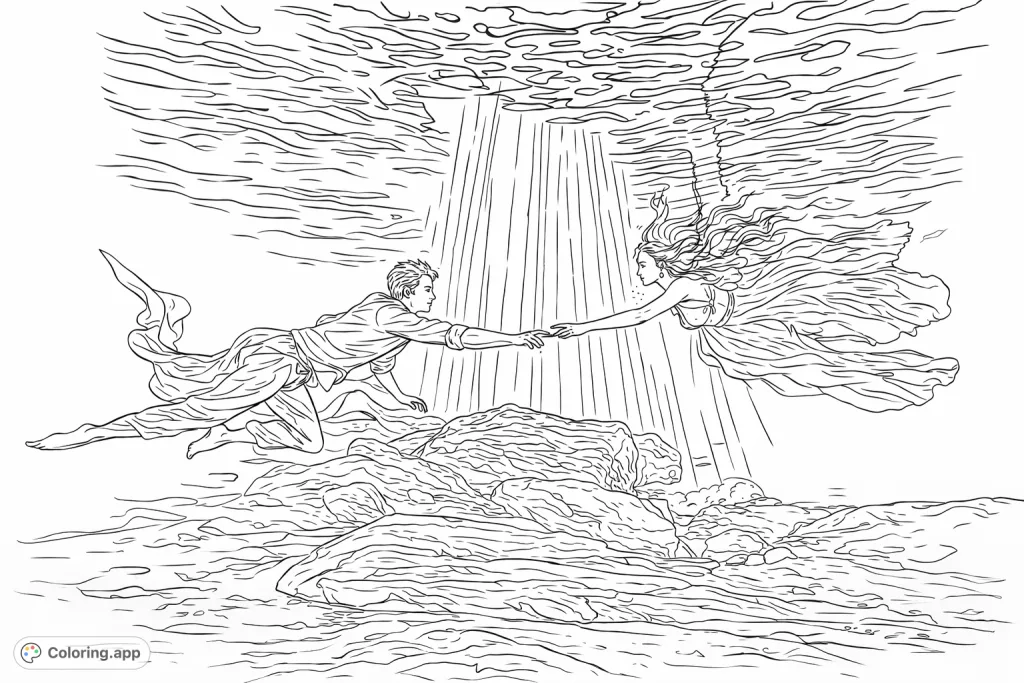 Explore an enchanting underwater scene where two figures reach out, their connection illuminated by shafts of light, amidst a mystical rocky environment.