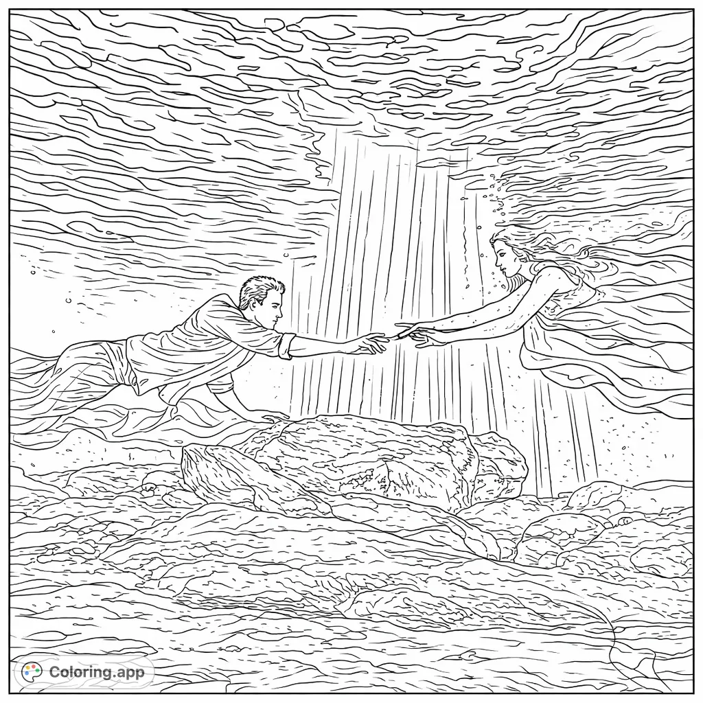 An enchanting underwater scene featuring two figures reaching out to each other amidst dramatic shafts of light and ancient rock formations. A serene moment of connection.