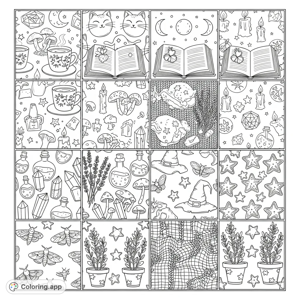 An intricate cozy witch coloring page featuring 8 patchwork sections with repeating patterns of cats, tea, books, crystals, and more for a delightful adult coloring experience.