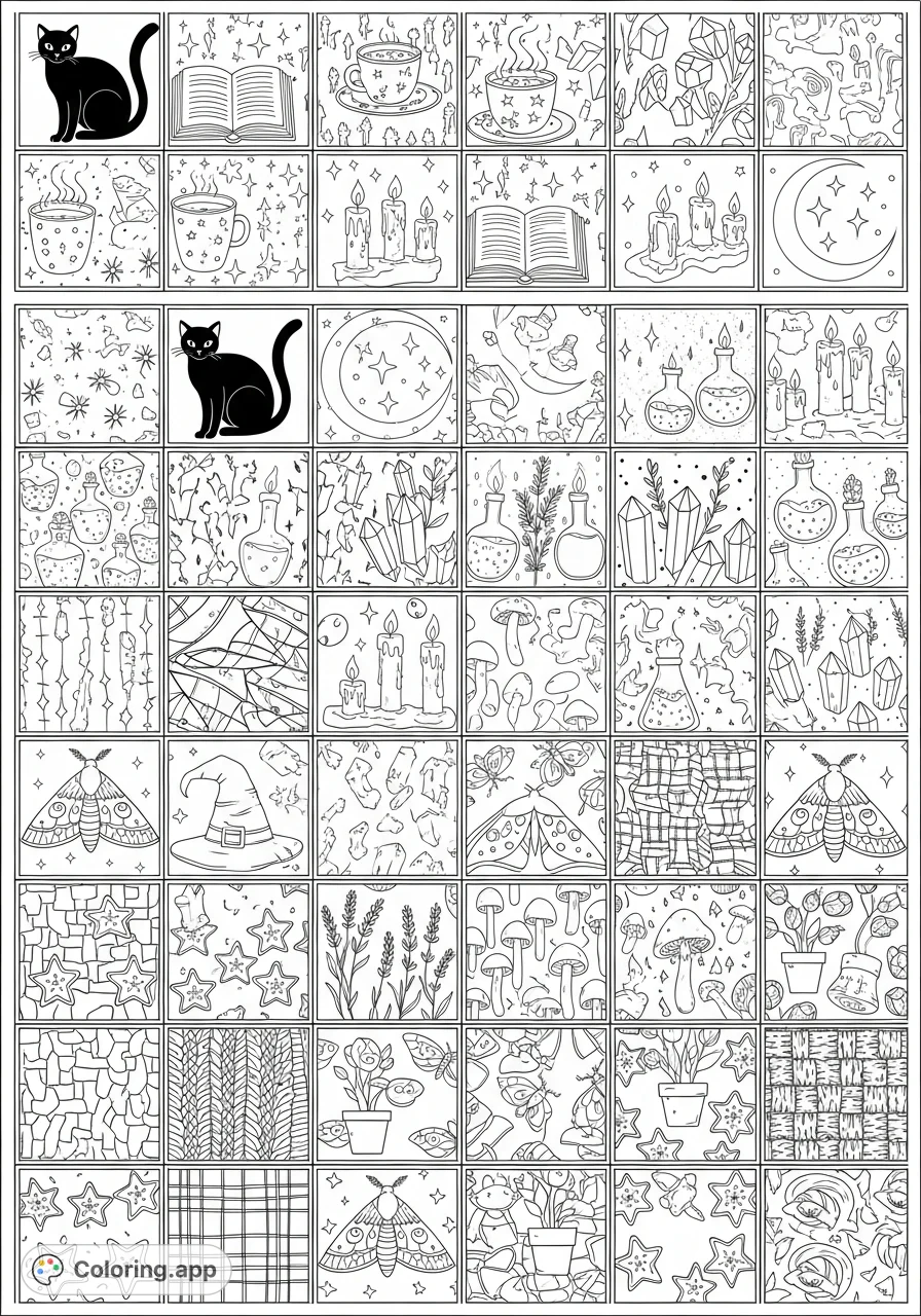 Explore a whimsical world of magic with this intricate Cozy Witch patchwork coloring page! Forty unique, detailed patterns await your creative touch.