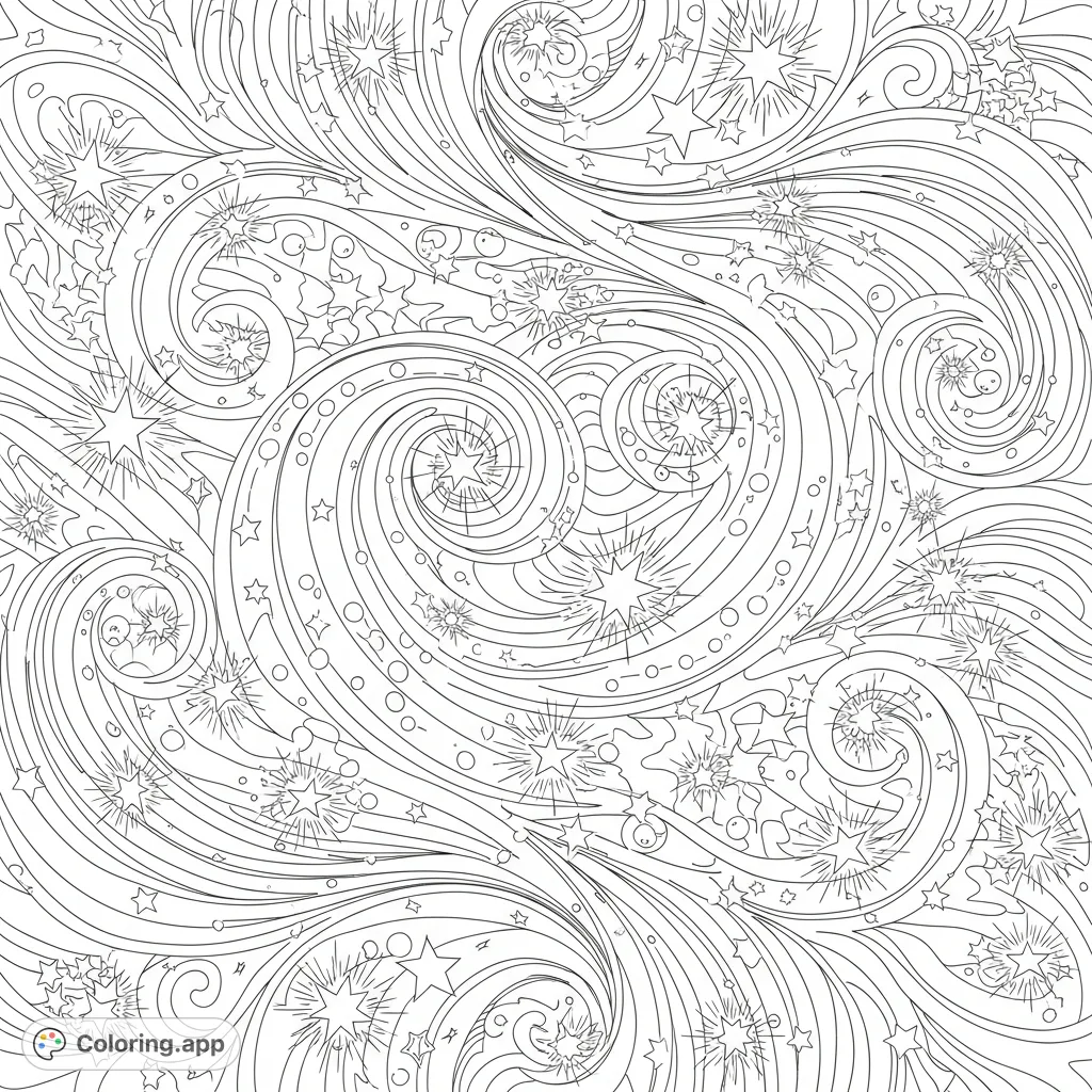 Immerse yourself in an abstract design featuring elegant swirls intertwined with dynamic, shining star clusters. A captivating celestial abstract coloring page.