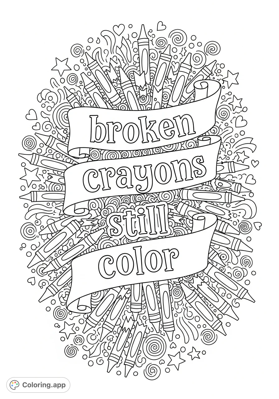A fun, intricate coloring page featuring the inspiring quote "broken crayons still color" amidst playful crayons, stars, and detailed patterns.