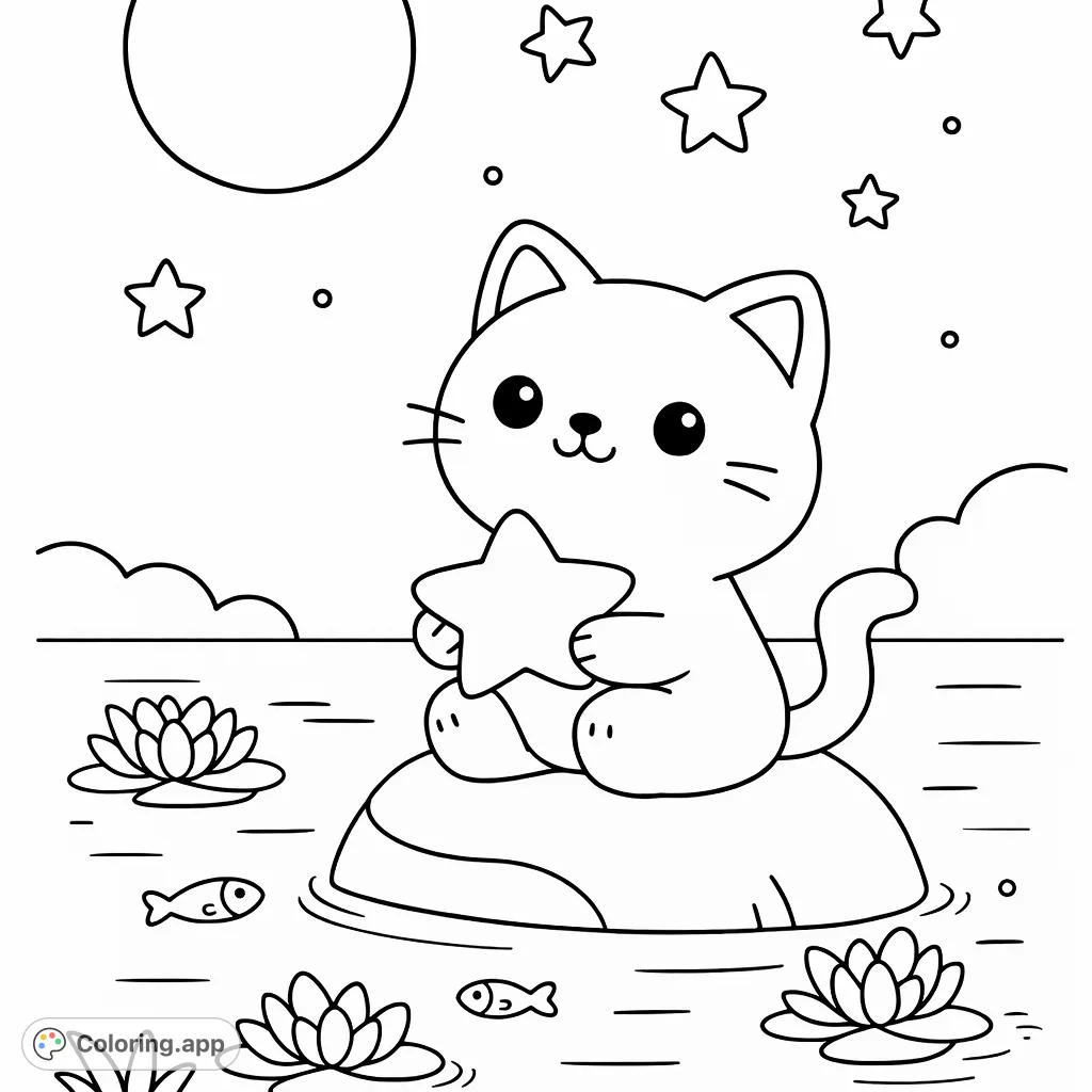A delightful whimsical cat holds a star, perched on a rock amidst a peaceful pond with lily pads and swimming fish. Stars and a moon adorn the sky for a magical scene.