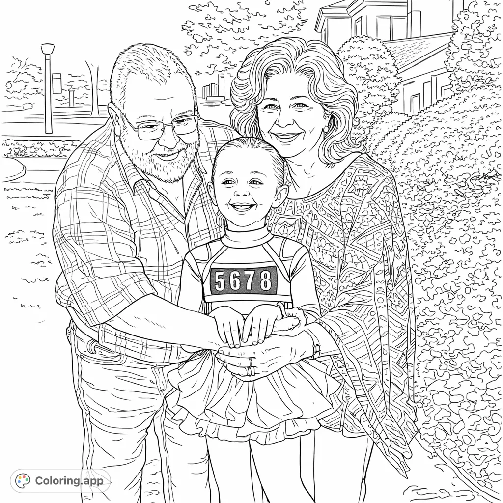 A heartwarming family portrait featuring grandparents embracing their grandchild. Features a bearded man, a smiling woman, and a girl in a dance costume, surrounded by lush outdoor scenery.