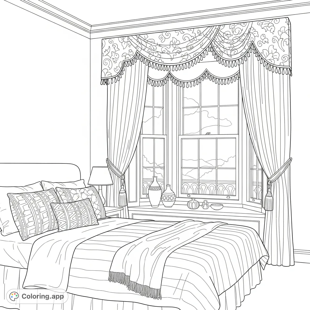 A beautifully decorated bedroom scene featuring a cozy bed with patterned linens and an ornate window with intricate curtains, inviting creative expression.
