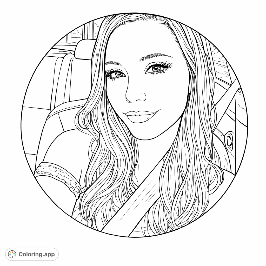 A serene portrait of a young woman inside a car, offering a detailed canvas to personalize with your favorite shades and explore realistic human features.