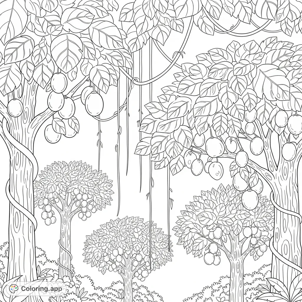 Explore a vibrant jungle with majestic fruit trees, expansive leaves, and winding vines. A captivating nature scene for all ages to color and bring to life.