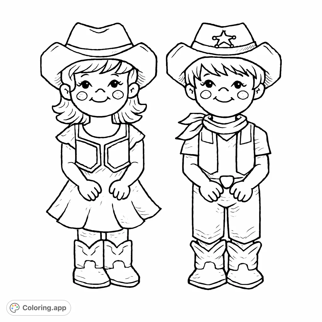 Yeehaw! Adorable little cowboy and cowgirl ready for adventure. A fun, simple design perfect for young artists to explore their creativity with western flair.